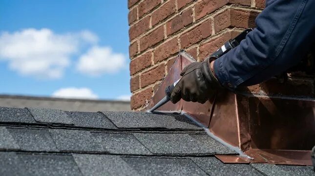 Sealing copper step flashing where a brick chimney meets roof shingles