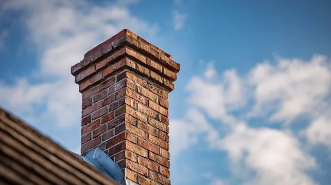 Corbelled brick chimney top under blue sky