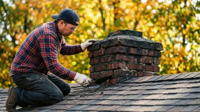 Mason kneeling beside a weathered chimney crown on a shingle roof