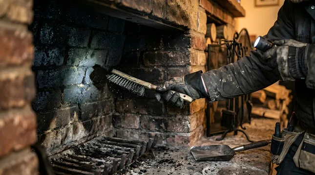 Hand brush and light used to clean a sooty firebox