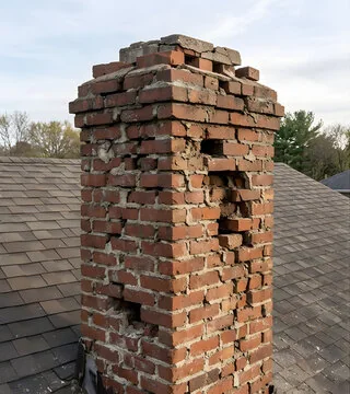 Before: chimney with loose and missing bricks and crumbling mortar