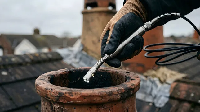 Gloved hand lowering a lighted inspection camera into a sooty clay chimney pot