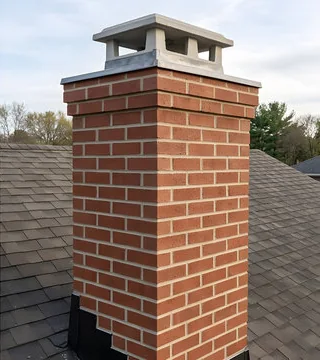 After: freshly rebuilt brick chimney with straight joints, a crown and a cap