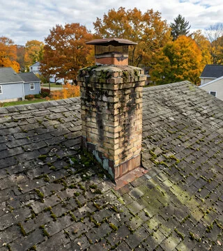 Before: pale, stained chimney with growth on its bricks and a worn roof around it