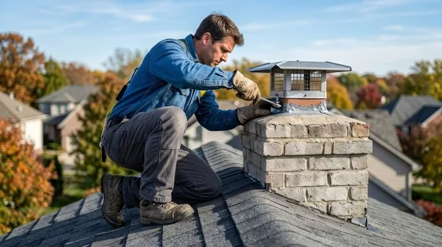 Technician fitting a stainless spark-arrestor cap onto a painted brick chimney